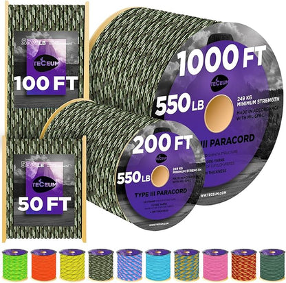 TECEUM Reflective Paracord Rope 1000 – 1000ft/200ft/100ft/50ft – 40+ Colors – by TECEUM