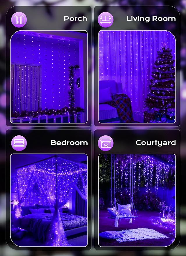 Brightown 300 LED Purple Fairy Curtain Lights, 9.8ft x 9.8ft String Lights - Image 7