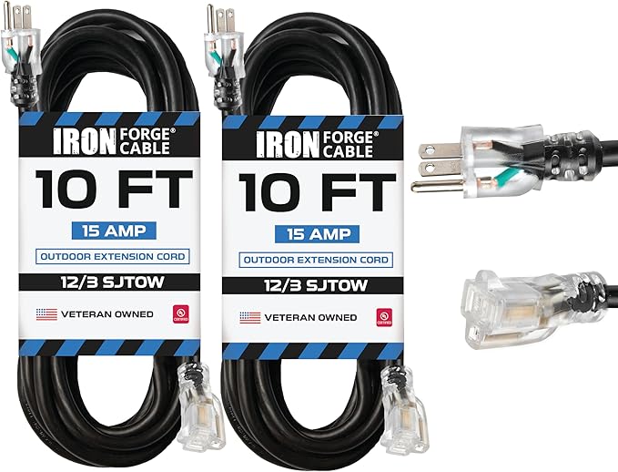 Iron Forge Cable 2 Pack 12 Gauge Outdoor Extension Cord 10 Ft, SJTOW 12/3 Heavy by IronForgeCable
