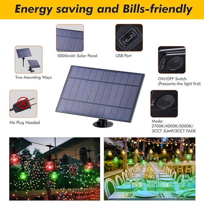 144FT Solar Outdoor String Lights, 45 Shatterproof E26 Edison LED Bulbs - Image 3