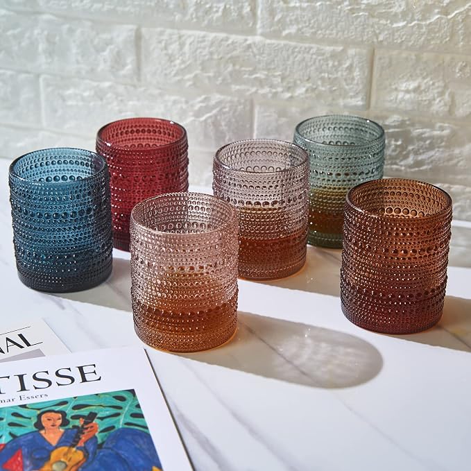 Khen Beaded Tumbler Drinking Glasses Set | Set of 6 | Vintage Hobnail 11 OZ - Image 4