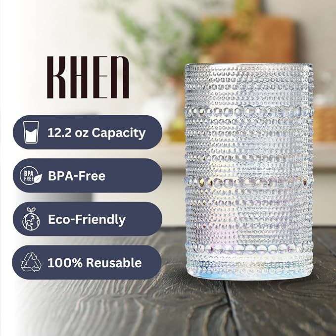 Hobnail Beaded Highball Drinking Tumbler Glasses | Set of 6 | Iridescent Pearl - Image 4