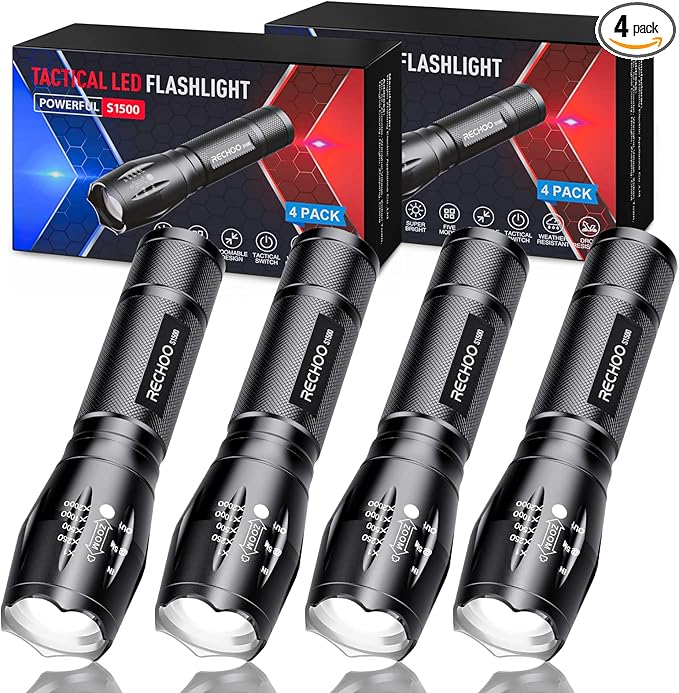 RECHOO Tactical Flashlight 4 Pack, Bright Zoomable LED Flashlight by RECHOO