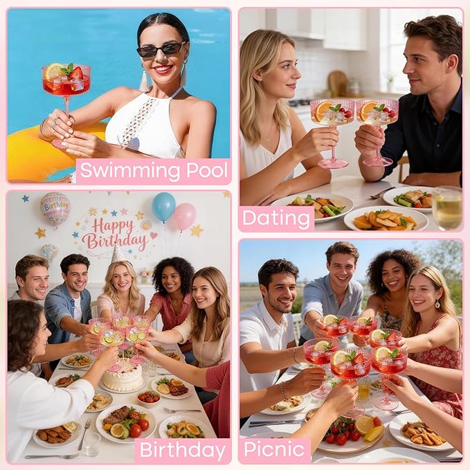 PLULON 24 Pcs Pink Champagne Martini Glasses Set 10 Oz Plastic Ribbed Coupe Cup - Image 5