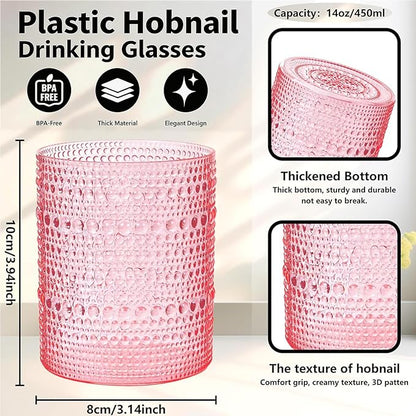 YOUBET 24PCS Plastic Drinking Glasses - 14OZ Pink Hobnail Drinkware Glasses - - Image 2