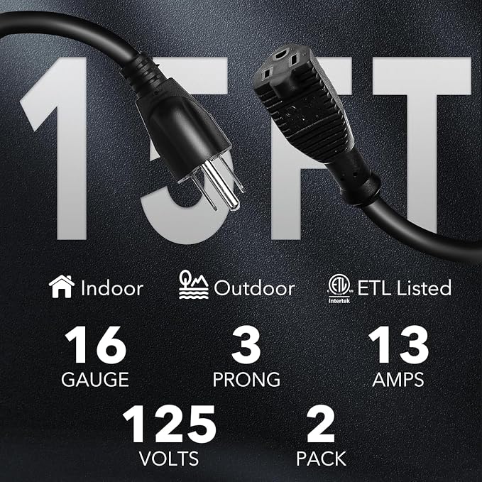 BN-LINK 15ft Indoor Outdoor Extension Cord 16/3 SJTW, 2 Pack, Weather Resistant - Image 2
