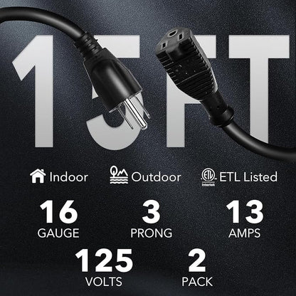 BN-LINK 15ft Indoor Outdoor Extension Cord 16/3 SJTW, 2 Pack, Weather Resistant - Image 2