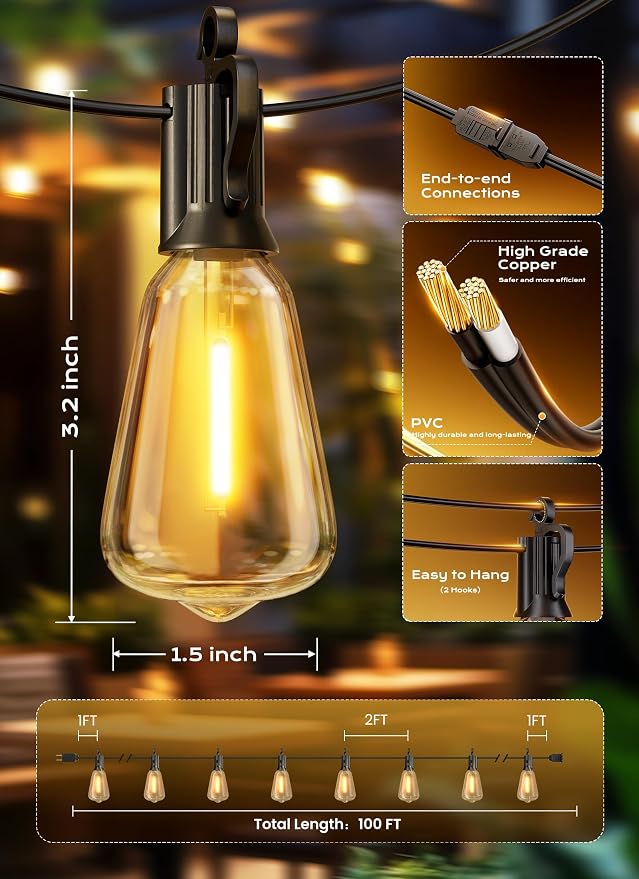 Brightown Outdoor String Lights, 100FT 50+2 LED ST38 LED Patio Lights - Image 7