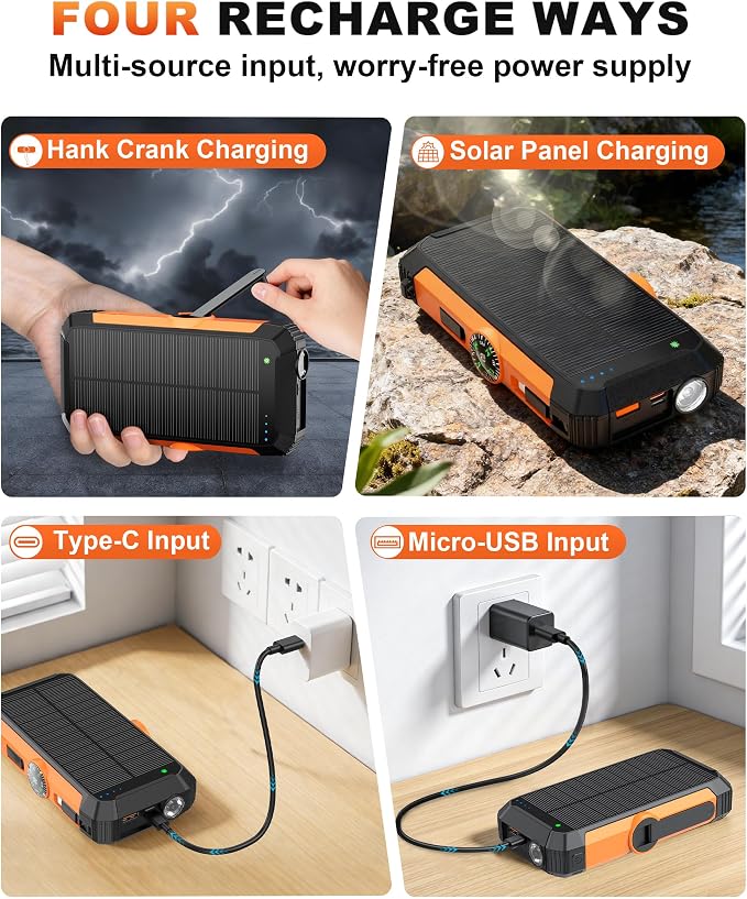 Solar Power Bank with Hand Crank and Retractable Cables, 20000mAh Wireless - Image 7