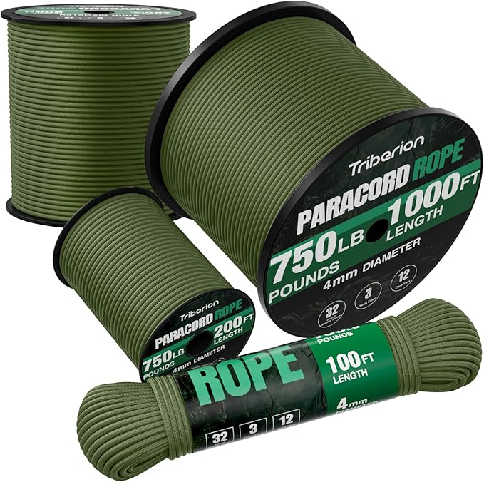 Paracord Rope 750 lb - 1000ft / 500ft / 200ft / 100ft 5/32" Parachute Cord 4MM by Triberion