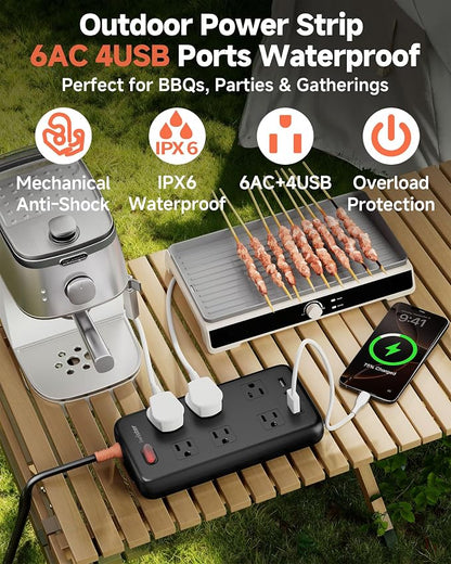 Outdoor Power Strip Waterproof IPX6, 6 Ft Extension Cord, 6 Wide Outlets & 4 - Image 2