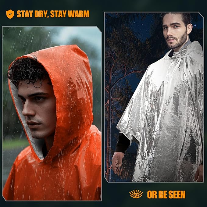 4 Pack Emergency Ponchos with Thickened Mylar Blanket Lining, Waterproof - Image 5