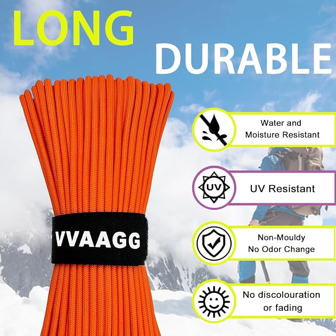 VVAAGG 1000 Orange Paracord100FT Utility Parachute Cord 4mm Nylon String12 - Image 4