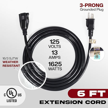 6ft Black Extension Cord, 16/3 SJTW Heavy-Duty, 3-Prong Grounded Plug, - Image 2