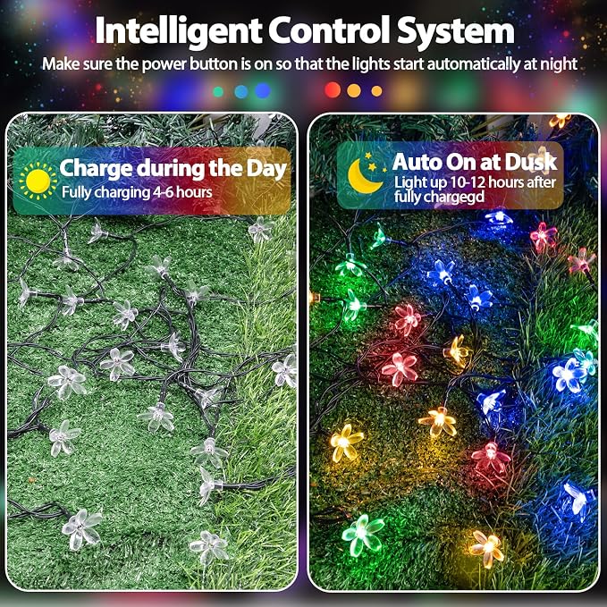 OZS 2PK 80LED 50FT Flower Solar String Lights Outdoor Waterproof, Cherry - Image 2