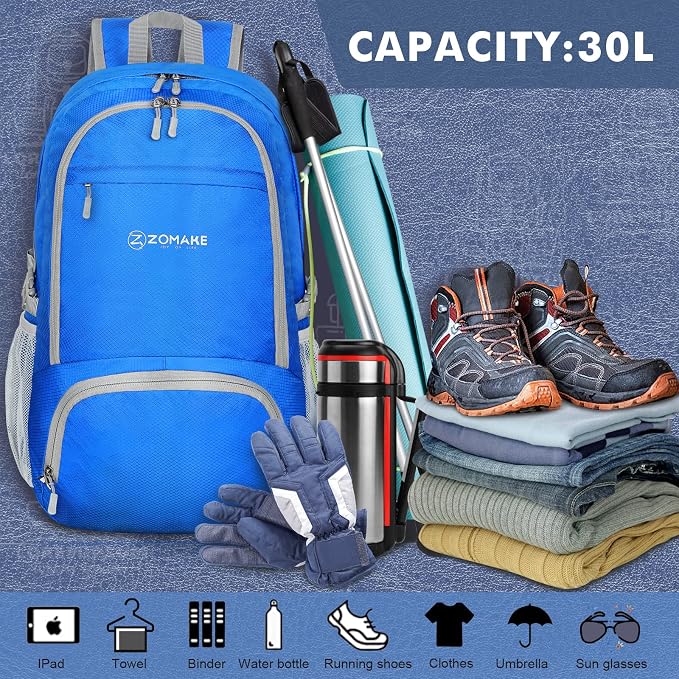 ZOMAKE Lightweight Packable Backpack 30L, Foldable Hiking Backpacks Water - Image 3
