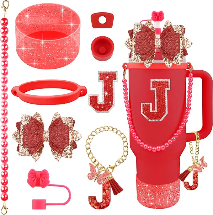 9PCS Red for Stanley Cup Accessories Set Bling Initials Bow Charms for Stanley by Unknown