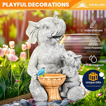 GIGALUMI Solar Garden Statues Bird Bath Elephant 9", Loving Elephant Decor - Image 6