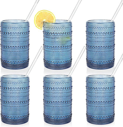 KMIGRUAN Large Hobnail Drinking Glasses Set of 6, 15oz Blue Vintage Glassware by KMIGRUAN