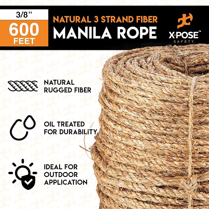 Manila Rope - 3/8 Inch 600' - 3 Strand Cordage Twisted Braided Rope - Thick - Image 4