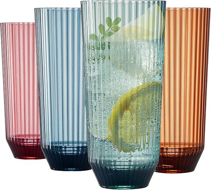 Khen Plastic Acrylic Ribbed Drinking Glasses – Set of 4 Multicolor 11.8oz by Khen