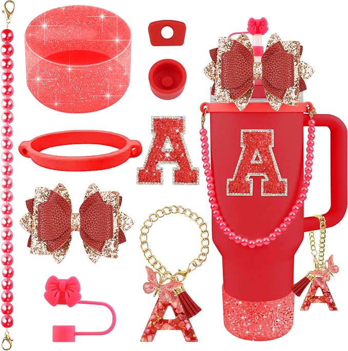 9PCS Red for Stanley Cup Accessories Set Bling Initials Bow Charms for Stanley by Unknown