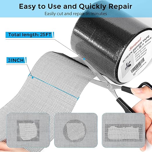 Secopad Black Window Screen Repair Tape, 3IN X 25FT Screen Repair Kit - Image 3