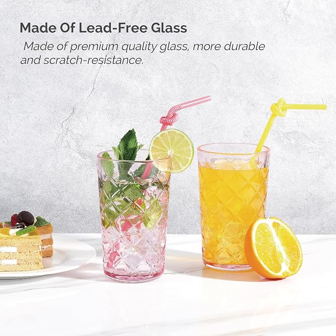 Drinking Highball Glasses Set of 4, Vintage Cross Hatch Glass Cups, 15.5oz Tall - Image 4