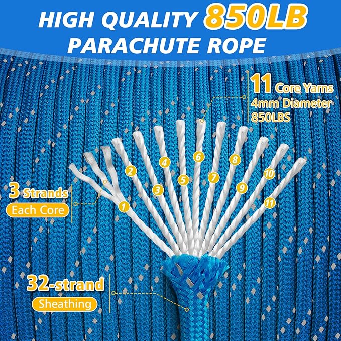 Reflective Paracord Rope 850Ib, 50/100/200/500/1000ft 4MM 11 Strand para Cords - Image 2