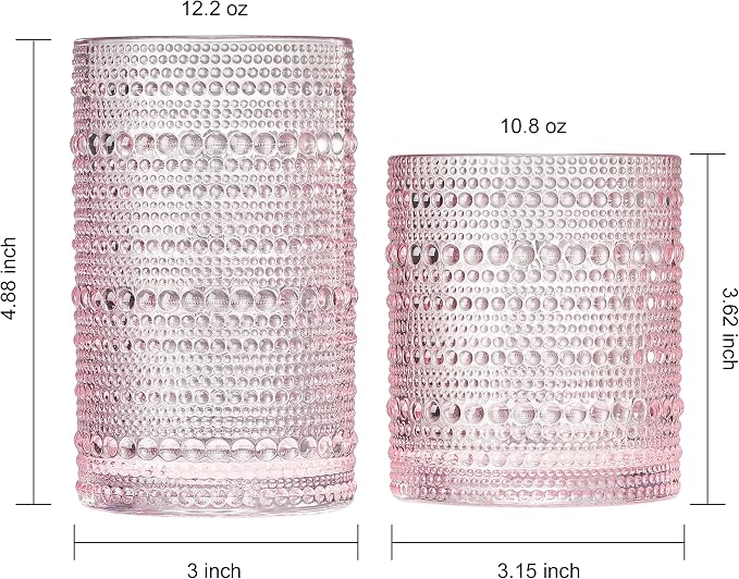 Khen Hobnail Beaded Highball Drinking Tumbler Glasses | Set of 12 | Pink Blush - Image 5