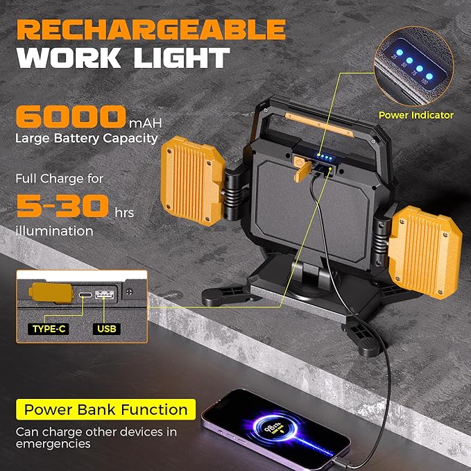 YZONI 40W Rechargeable Work Light, 4000LM Magnetic LED Work Light - Image 5