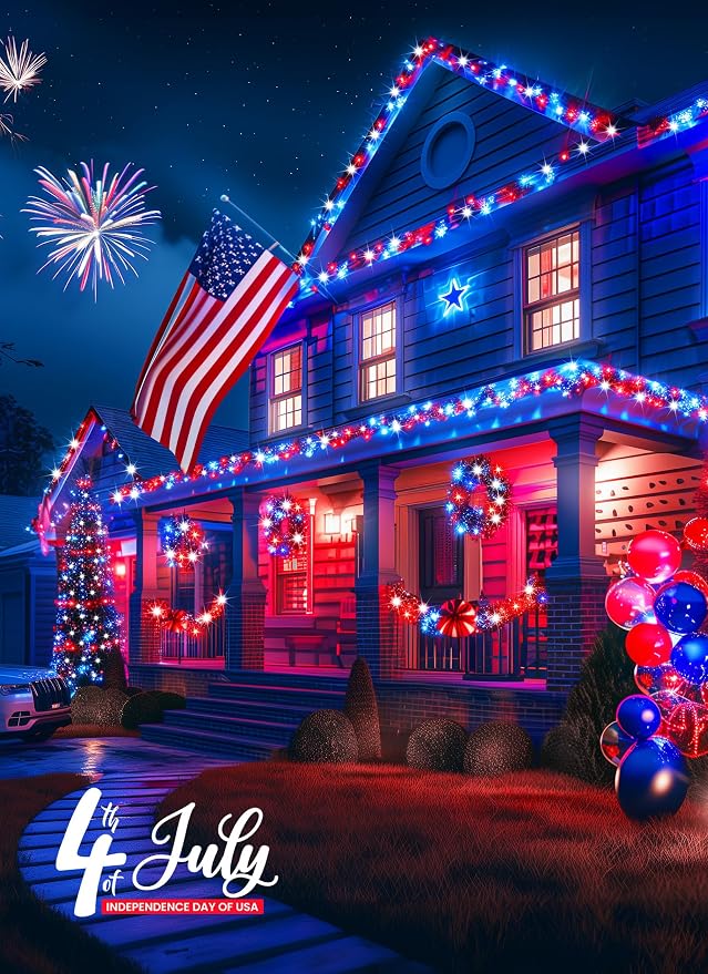 Minetom Red White Blue Lights, Waterproof Solar String Lights Outdoor, Solar - Image 5