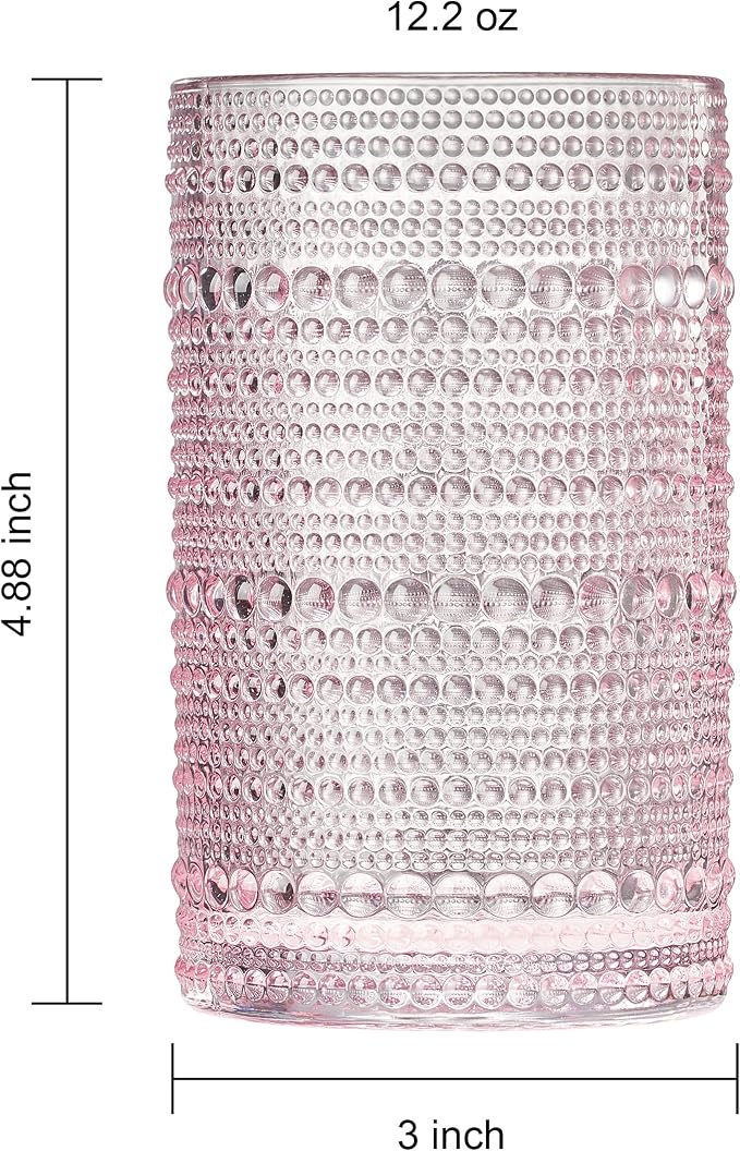 Khen Hobnail Beaded Highball Drinking Tumbler Glasses | Set of 6 | Pastel Pink - Image 5