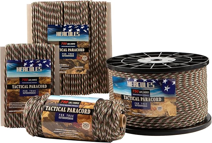 HERCULES 750lb Paracord 4mm 11 Strands Tactical Parachute Cord, Outdoor Gear by HERCULES