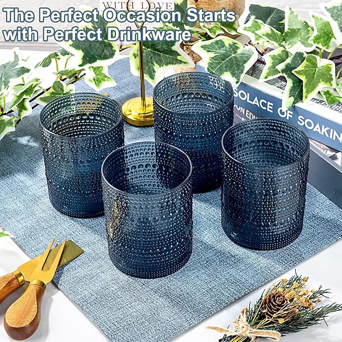YOUBET 24PCS Plastic Hobnail Drinking Glasses - 14 Oz Blue Vintage Glasses - Image 2