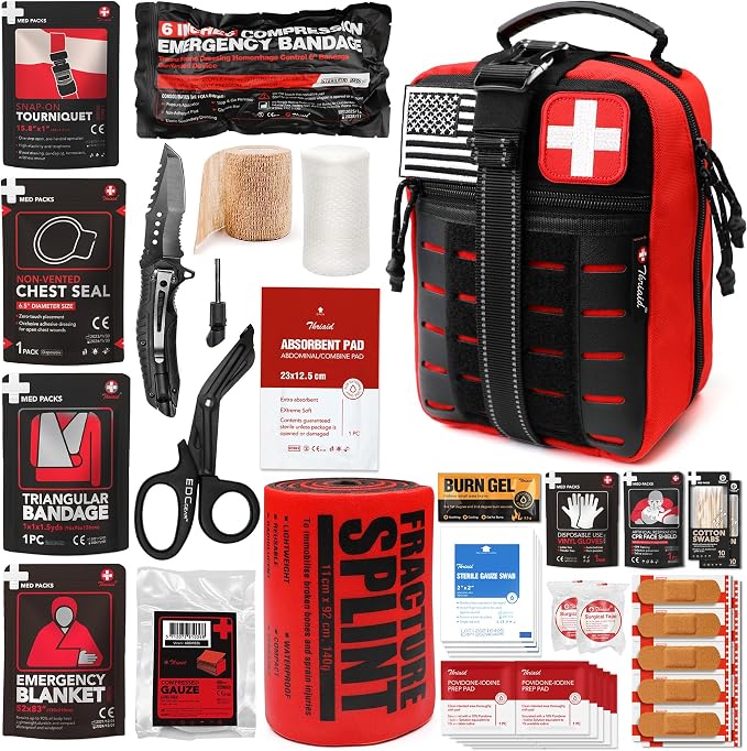 Survival First Aid Kit with Israeli Bandage, Chest Seal, Tourniquet, Tactical by THRIAID