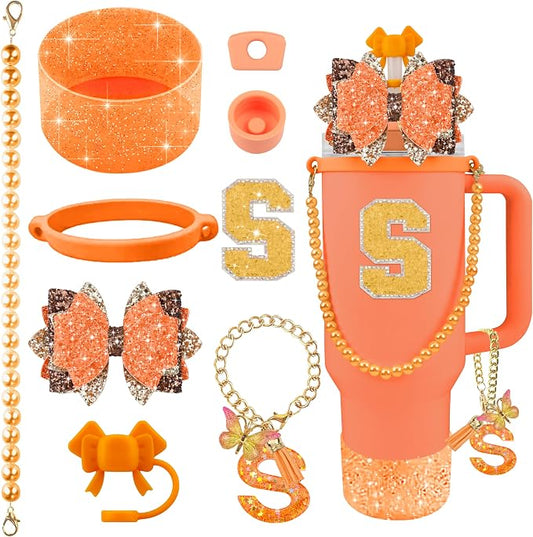 9PCS Orange for Stanley Cup Accessories Set Bling Initials Bow Charms for by Unknown