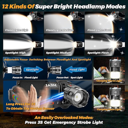 220000 Lux Bright Camping Headlamp Function 17 Modes Motion Sensor Adjustable - Image 3