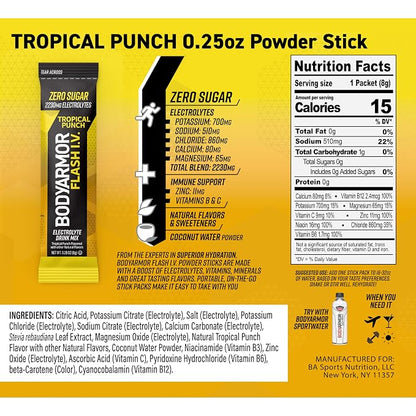 BODYARMOR Flash I.V. Electrolyte Packets, Tropical Punch, Zero Sugar Drink Mix - Image 2
