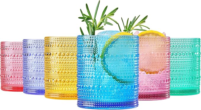 Khen Plastic Hobnail Drinking Glasses Set of 6 Bright Tones Cups 14oz, by Khen