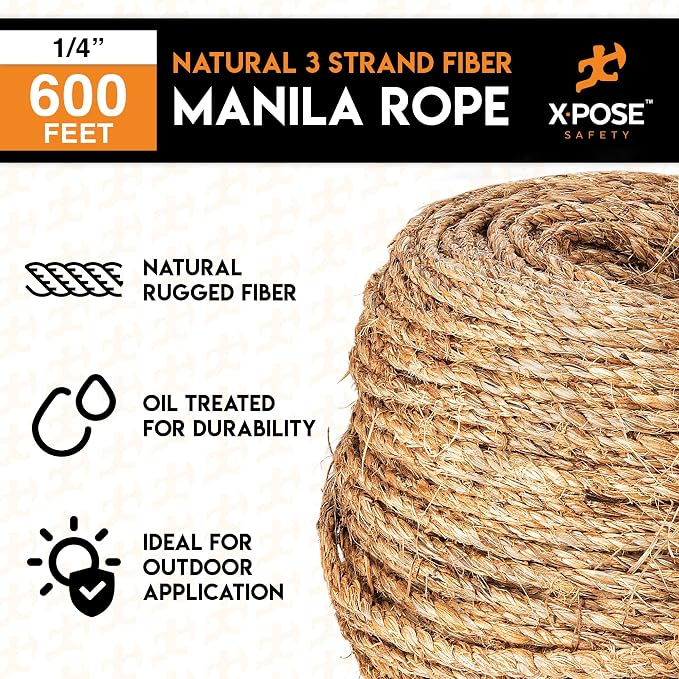 Manila Rope - 1/4 Inch 600' - 3 Strand Cordage Twisted Braided Rope - Thick - Image 3
