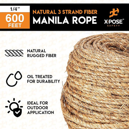 Manila Rope - 1/4 Inch 600' - 3 Strand Cordage Twisted Braided Rope - Thick - Image 3