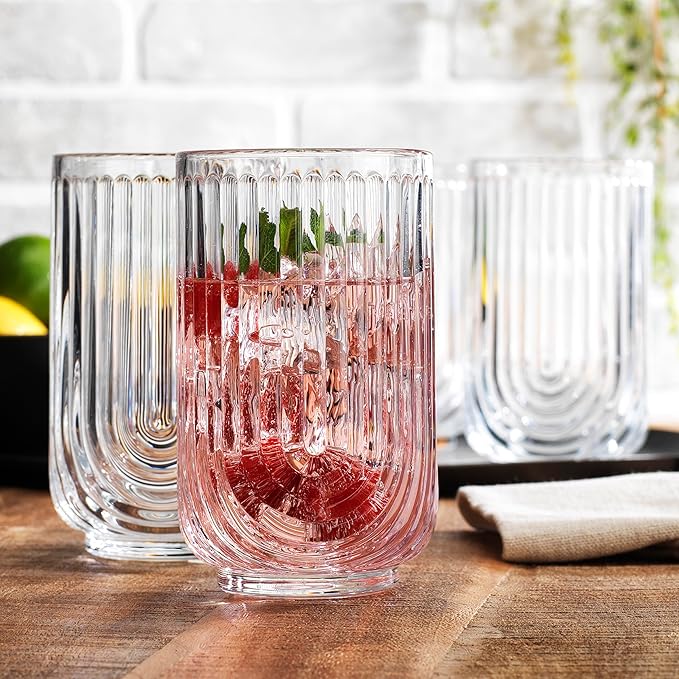 Glaver's Vintage Glassware Art Deco Glasse Ribbed Drinking Glasses U-Shape Arch - Image 2