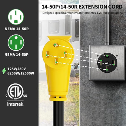 POWGRN NEMA 14-50P to NEMA 14-50R 25FT 50 Amp RV/EV Extension Cord Outdoor - Image 2