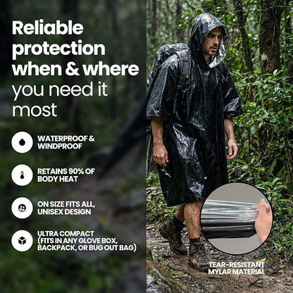 Wallaby 4-Pack Emergency Mylar Ponchos – Universal Fit Thermal Poncho - Image 2