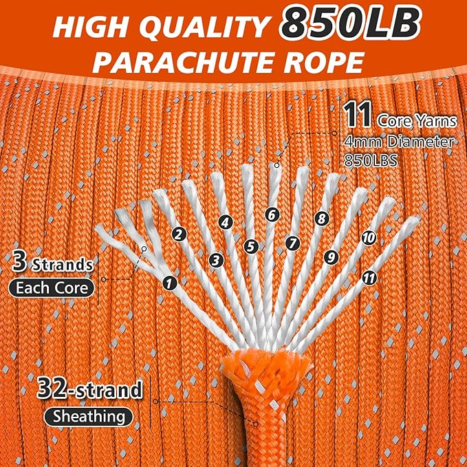 Paracord Reflective Rope 850Ib, 50/100/200/500/1000ft 4MM 11 Strand Strong - Image 2