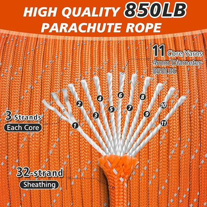 Reflective Parachute Rope 850Ib, 50/100/200/500/1000ft 4MM 11 Strand Strong - Image 2