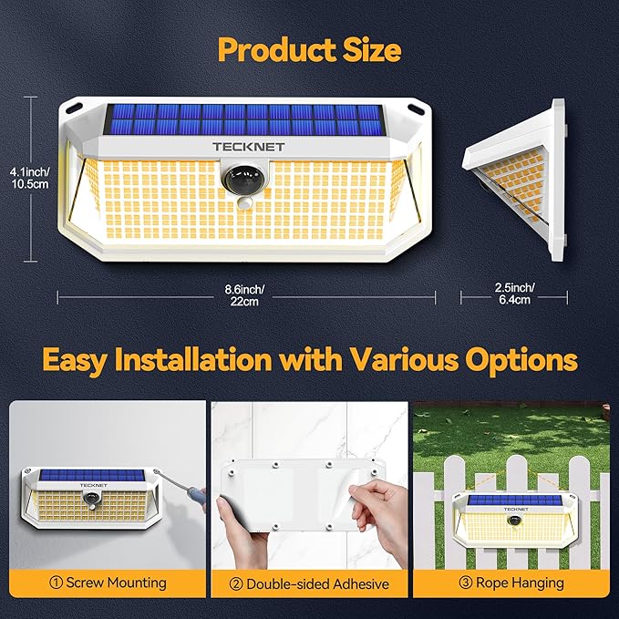 TECKNET 416 LED Solar Powered Outdoor Lights, 270° Angle & 3 Lighting Modes - Image 7
