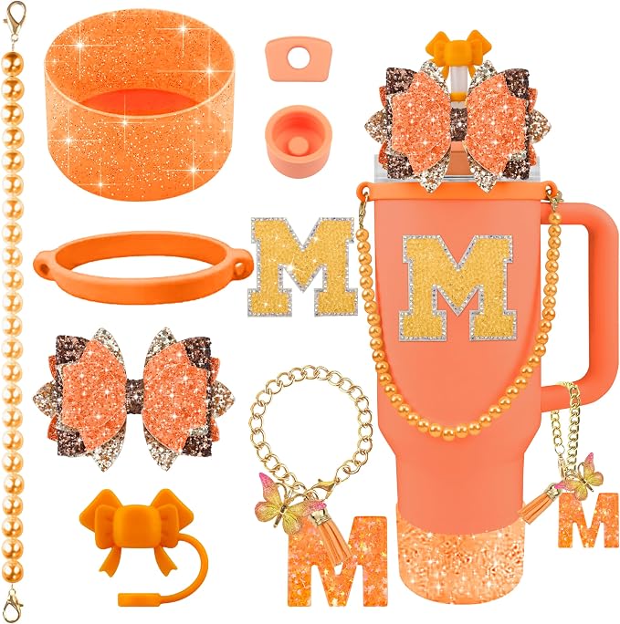 9PCS Orange for Stanley Cup Accessories Set Bling Initials Bow Charms for by Unknown