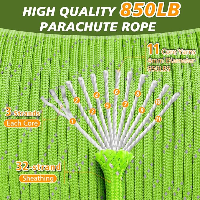 Reflective Paracord Rope 850Ib, 50/100/200/500/1000ft 4MM 11 Strand Parachute - Image 2